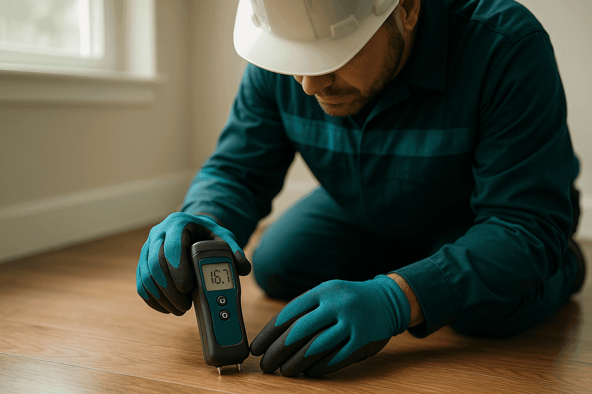 Close-up of technician’s gloved hands using moisture meter on wooden floor in home